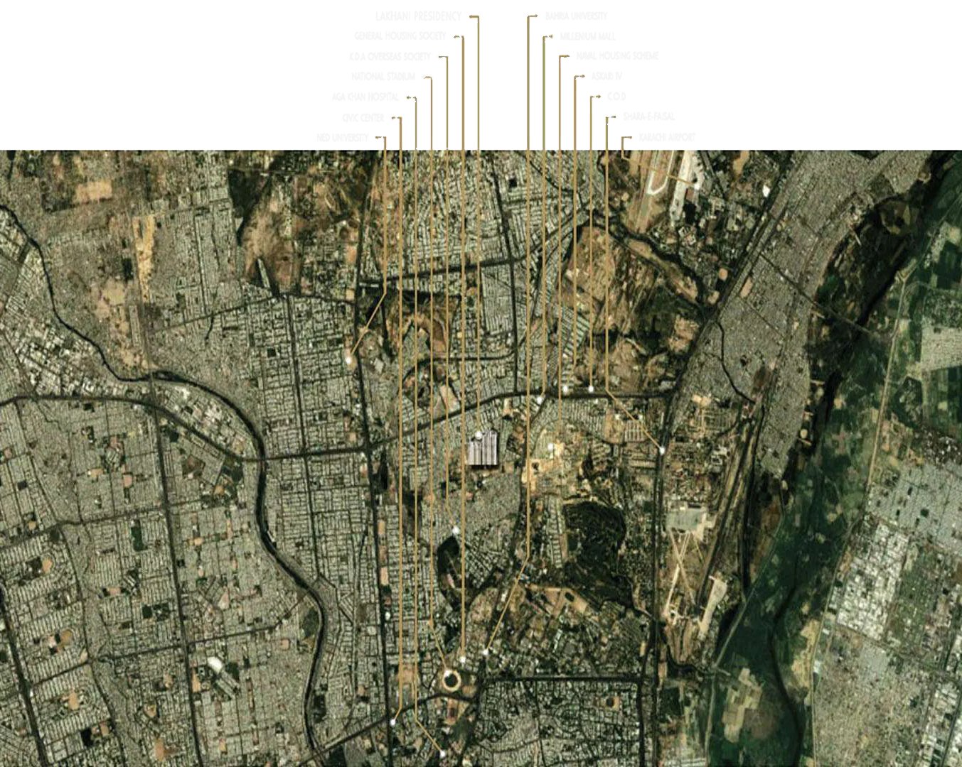 Satellite plate of Karachi from the Lakhani Presidency brochure, with leader lines to nearby landmarks and the development marked at the centre