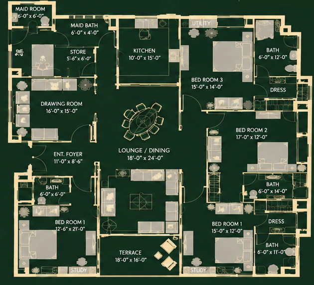 Persona — 3 bedrooms + maid room apartment, Ground to 11th floor plan